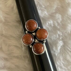 Goldstone Cabochon Cluster Ring Silver Plated Southwestern Style Size 8.5